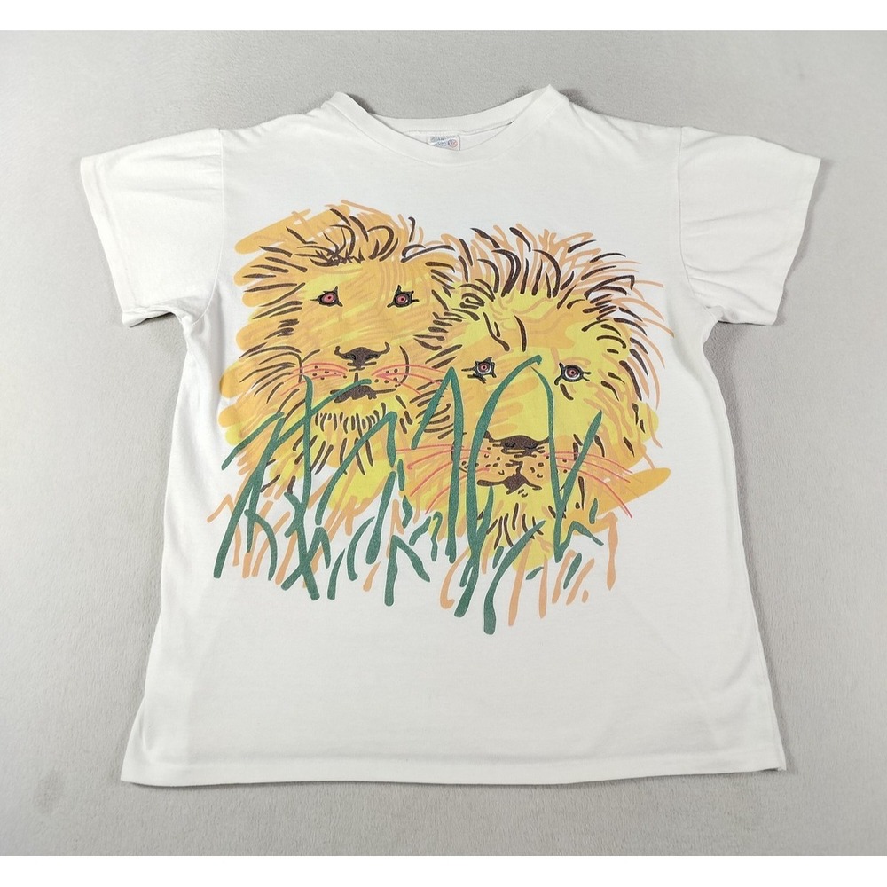 Vintage Athletic Knit Lions Shirt Unisex L/XL White Safari Graphic Tee 90s‎